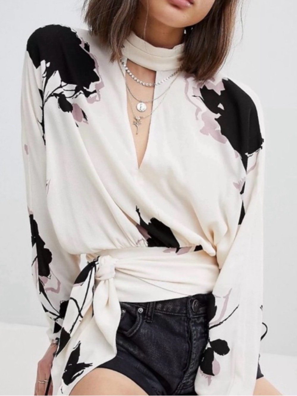 #845 FREE PEOPLE Say You Love Me Ivory w Black Flora Wrap Blouse with Waist Tie